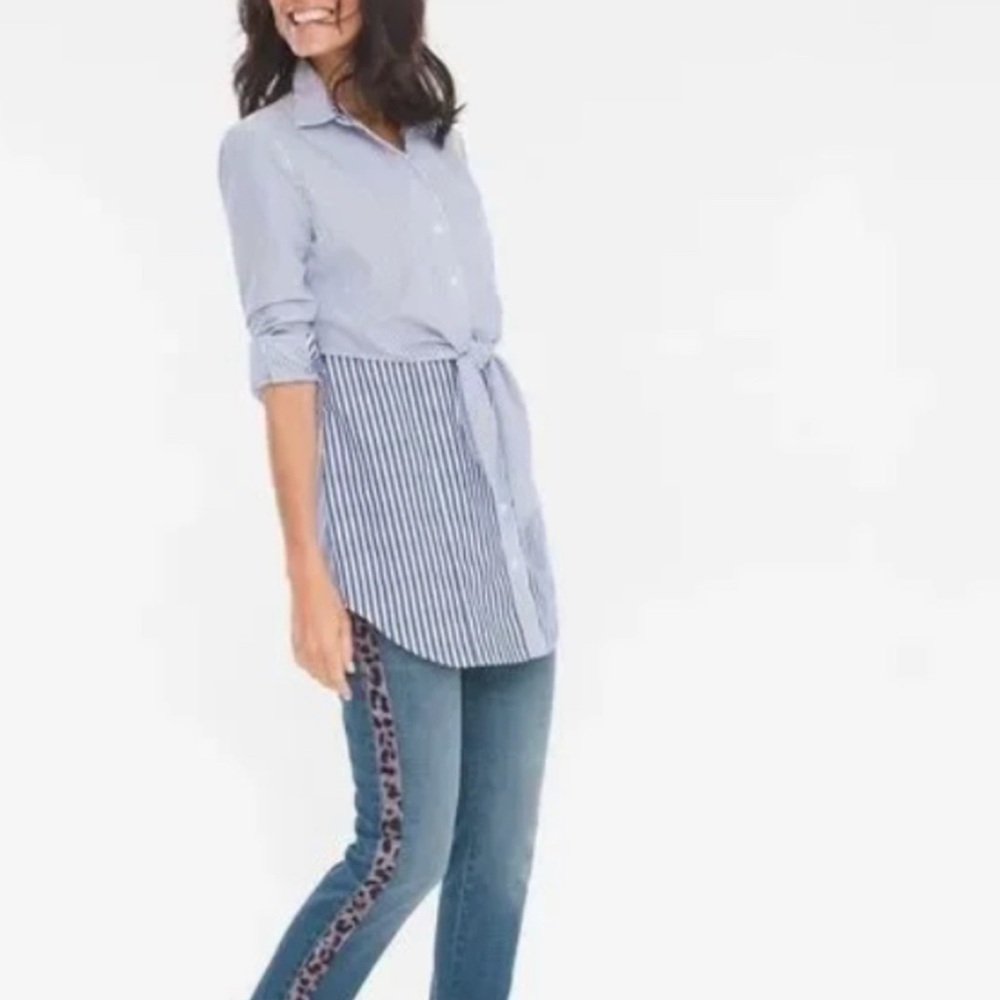 Chico’s Blue/White Stripe Tie-Front Button Down Coastal Classic Tunic Size LG - Picture 3 of 6